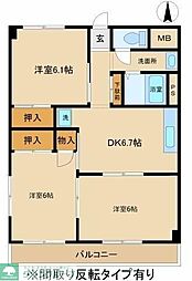 銀星ハイツB棟 3DKの間取図画像