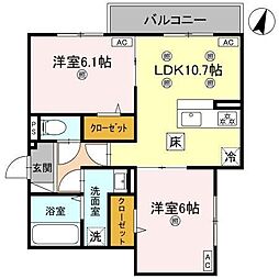 コンフォート若松 1階2LDKの間取り