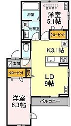 ルリアン小田原 2LDKの間取図画像