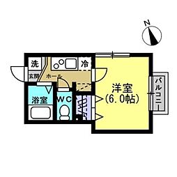 クオーレ米ケ袋I 2階1Kの間取り