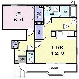 カルムＢ棟 1階1LDKの間取り