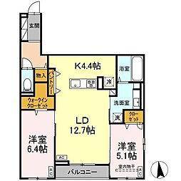 CLASSEUM仙台小田原　B棟 2階2LDKの間取り