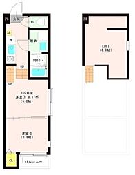 ハーモニーテラス西中田VIII 2階1DKの間取り