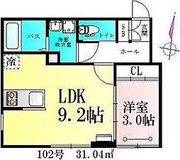 Clover木ノ下 1階1LDKの間取り
