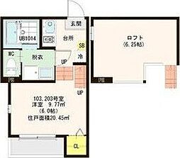 ハーモニーテラス中田 1階1Kの間取り