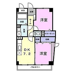 サンハイツ宮千代 3階2DKの間取り