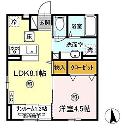 ティエドール　Ａ 1階1LDKの間取り