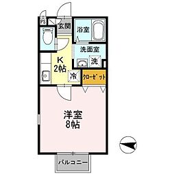 プラシード柏木 2階1Kの間取り