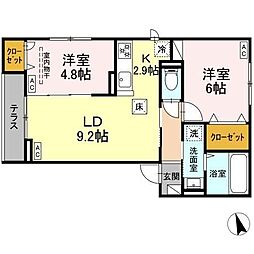 Ｄ−ＲＯＯＭ小田原8丁目I 3階2LDKの間取り