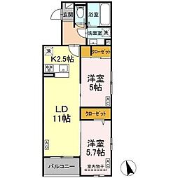 Ｄ−ＲＯＯＭ小田原8丁目I 3階2LDKの間取り