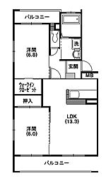 シャンテ高丘 2LDKの間取図画像