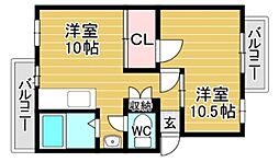 狭山遊園ハイツ2号棟 1LDKの間取図画像