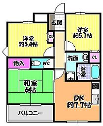 グリュンエルデみはら 3DKの間取図画像