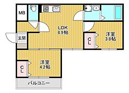 堺市東区西野アパート 2LDKの間取図画像