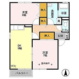 リヴェールフジD 2DKの間取図画像