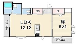 アヴニール西新町 1LDKの間取図画像