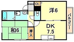 エクセルハイツ桃山 2DKの間取図画像