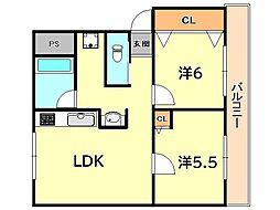 高津橋農住団地D棟 2LDKの間取図画像