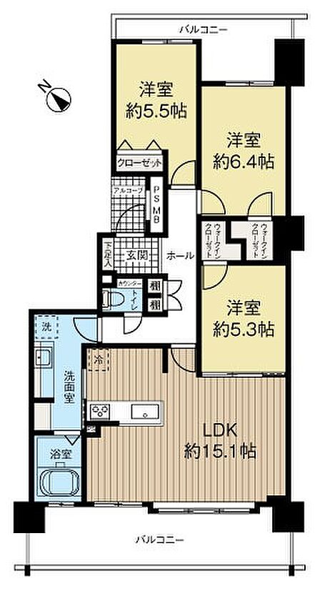 約15.1帖の広々LDKと全室洋室の3LDK！2つのウォークインクローゼットをはじめ各所に収納を備えた高い収納力が魅力。南・北2面バルコニー付きで通風・採光に優れ、住空間をゆったり使える間取りです。