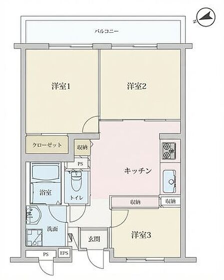 3つの洋室が確保された、家族構成の変化にも対応しやすい間取りです。各居室に収納があり、プライベート空間もすっきり。日々の暮らしを穏やかに過ごせそうな、ゆとりのある空間設計が魅力の住まいですよ。