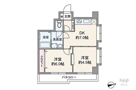 間取りは専有面積37.15平米の2DK。全居室洋室仕様・DK約7.0帖のプラン。DKと洋室1室が続き間で、引き戸を開放して繋げて使うことも出来ます。