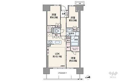 間取り:間取りは専有面積72.16平米の3LDK。LDK約15.1帖の縦長リビングのプラン。バルコニー面積は12.4平米です。 間取り:間取りは専有面積72.16平米の3LDK。LDK約15.1帖の縦長リビングのプラン。バルコニー面積は12.4平米です。