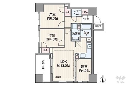 間取りは専有面積60.28平米の3LDK。LDK約13帖のプラン。バルコニー面積は7.0平米です。
