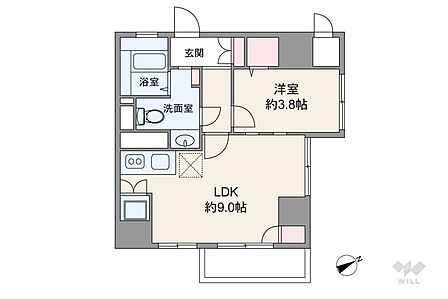 間取りは専有面積33.44平米の1LDK。LDK約9帖のプラン。バルコニー面積は2.77平米です。