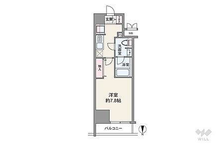 間取りは専有面積25.9平米の1K。バルコニー面積は3.35平米です。
