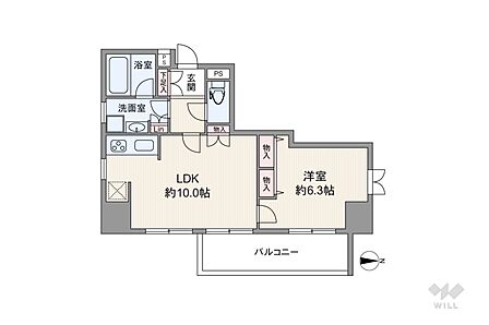 間取りは専有面積40.43平米の1LDK。LDK約10帖のプラン。バルコニー面積は7.43平米です。