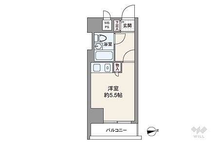 間取りは専有面積16.83平米の1R。バルコニー面積は2.43平米です。