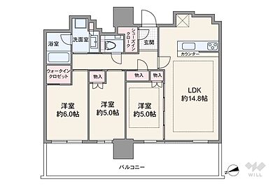 間取り:間取りは専有面積70.44平米の3LDK。LDK約14.8帖のプラン。バルコニー面積は20.4平米です。 間取り:間取りは専有面積70.44平米の3LDK。LDK約14.8帖のプラン。バルコニー面積は20.4平米です。