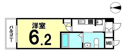 洋室約6.2帖のシンプルな間取り。水回りがまとまっており、バルコニー付きの住戸です。