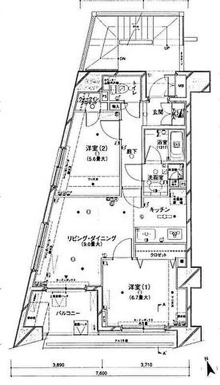 間取り図:2LDK 専有面積57.33平米、バルコニー面積6.44平米