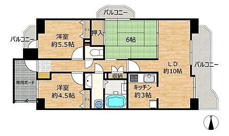 【間取図】3LKDの間取りです。角部屋のためバルコニーが3面についており、周りのお部屋が気になりにくいお部屋となっております。また、2階に位置しており、下階には居室がないため足音を気にする必要もござ…