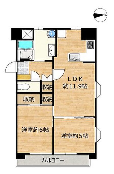 【間取図】2LDKの間取りです。8階の最上階角部屋になります。リビングと北東側洋室約6帖を空間をつなげて利用することもできる間取りです。