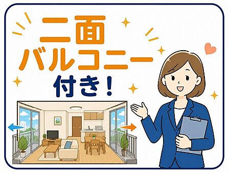 二面バルコニー付きで、採光や通風を確保しやすい住まいです。洗濯物干しや気分転換のスペースとしても使いやすく、開放感があります。