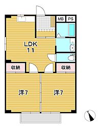 テクノハイム本宿松の棟 2LDKの間取図画像