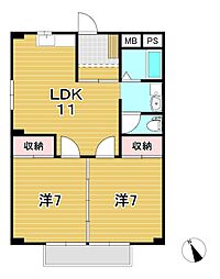 テクノハイム本宿桃の棟 2LDKの間取図画像