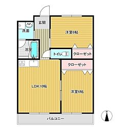 ウイング21東一宮A 2LDKの間取図画像