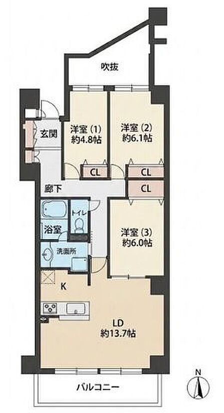 3LDKの間取図です。専有面積78.41平米、洋室3部屋とLDKをバランス良く配置。