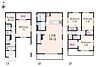 間取り：間取図3階建て4LDK。LDKは20.5帖の広々空間、寝室は7帖・5.9帖・5.5帖・5.3帖。1階・3階主寝室にはウォークインクローゼットを配置しています。