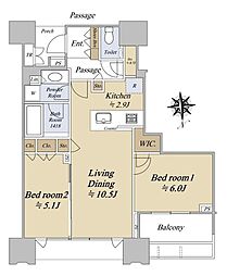 ドゥ・トゥールWEST棟 2LDKの間取図画像
