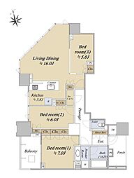 ドゥ・トゥールEAST棟 3LDKの間取図画像