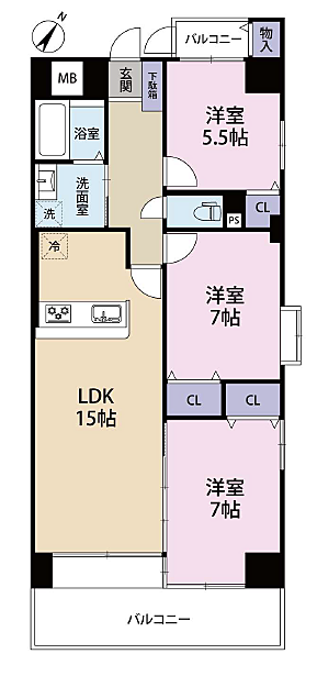 3LDK、専有面積:76.39m2