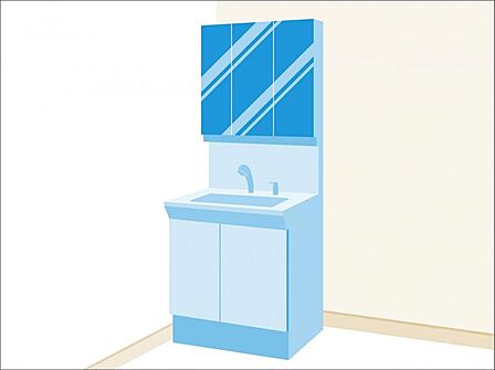 洗面台は広めで使いやすく、お手入れもラクラク。鏡裏は収納なので、散らかりがちなコスメ類もスッキリ片付きます。機能性と美しさを兼ねたこのスペースから、爽やかな一日がはじまります。