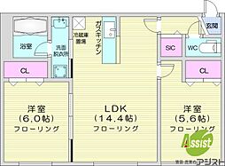 札幌市北区新琴似十条1丁目マンション 2LDKの間取図画像