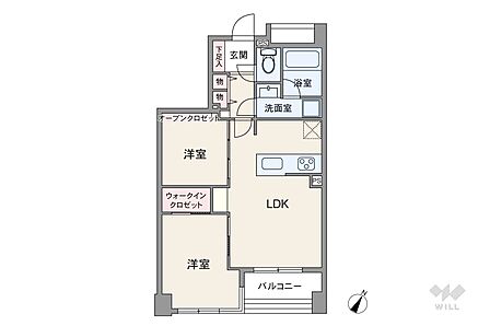 間取りは専有面積50.51平米の2LDK。縦長リビングのプラン。バルコニー面積は5平米です。