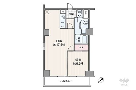 間取りは専有面積54.6平米の1LDK。LDK約17.5帖の縦長リビングのプラン。バルコニー面積は7.2平米です。