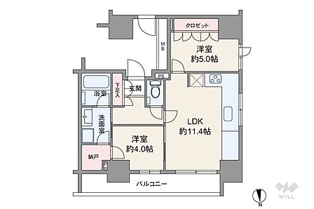 間取りは専有面積50.15平米の2LDK。LDK約11.4帖のプラン。バルコニー面積は8.31平米です。